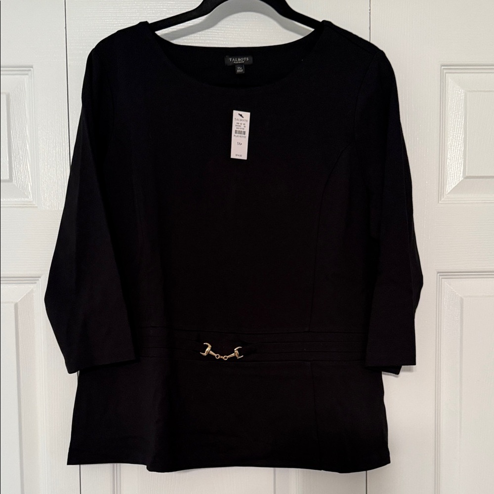 Talbots Black 3/4 Sleeve Boatneck Top with Gold Accent Hardware. 1X Petite